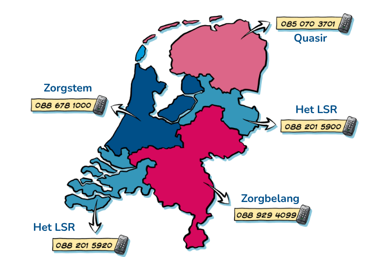 Kaart van Nederland met de regio's van Quasir, Het LSR, Zorgbelang en Zorgstem